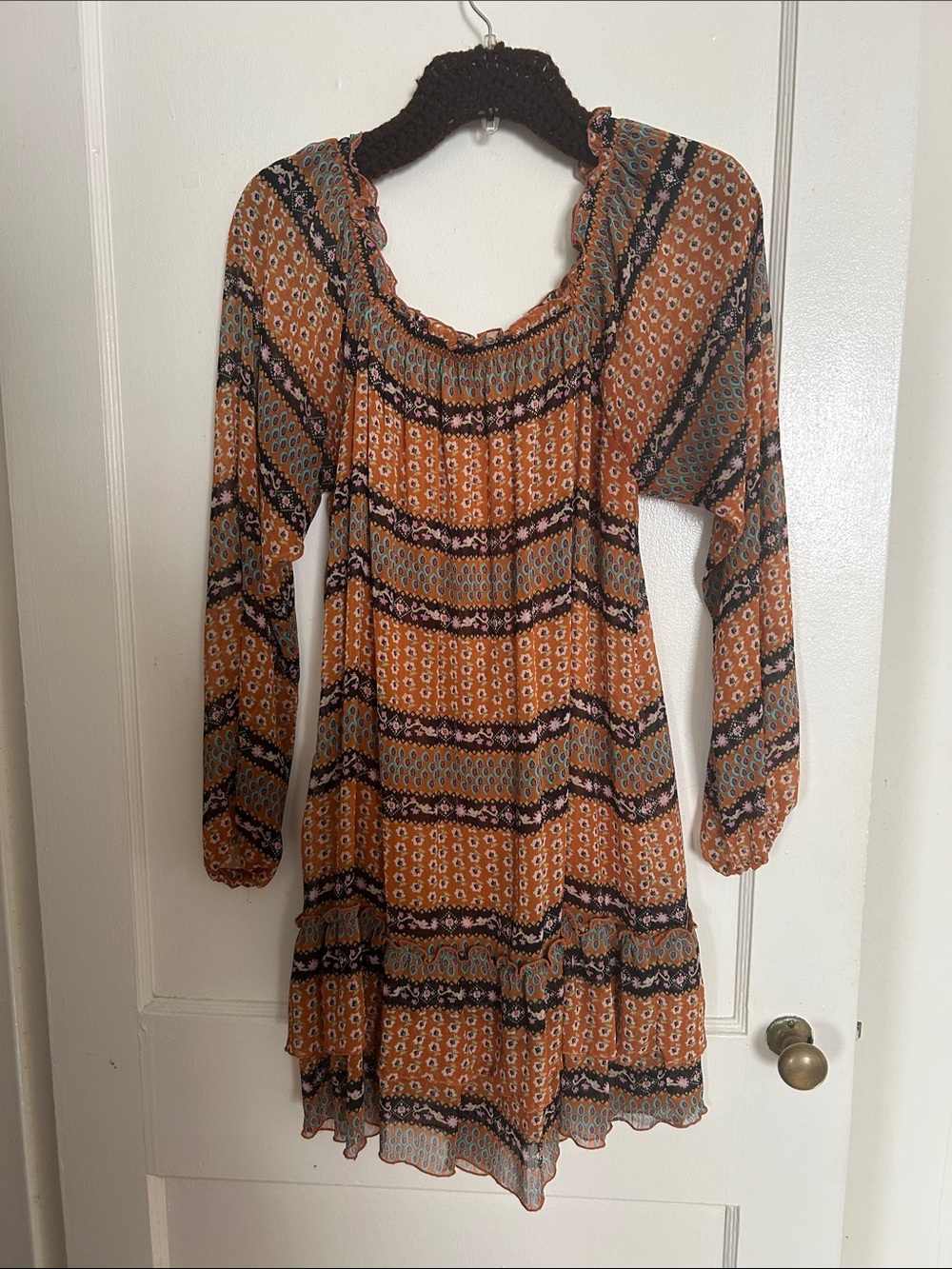 American RAG Tiered Long-Sleeve Mini Dress in Rust
